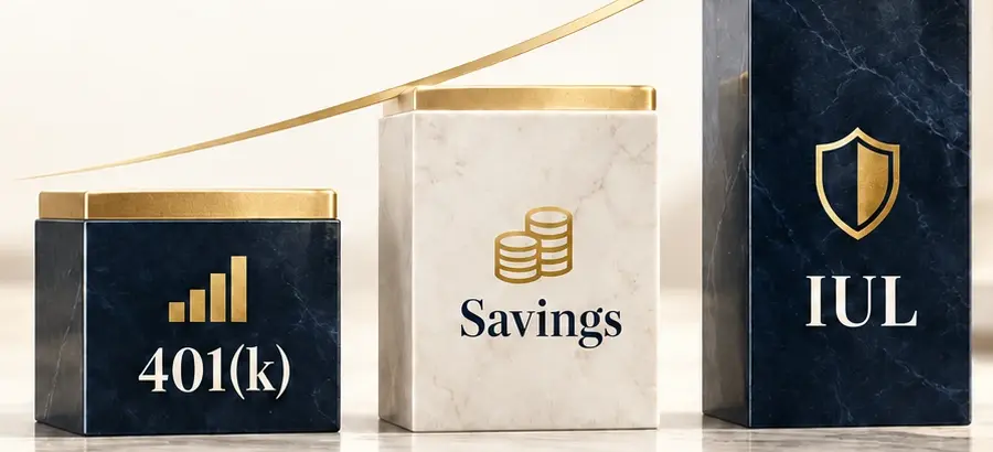 Three blocks labelled 401(k), Savings and IUL