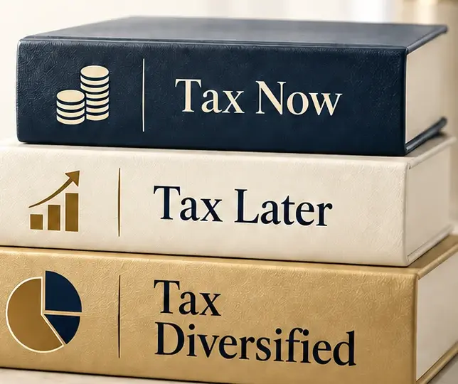 Three books labelled Tax Now, Tax Later and Tax Diversified